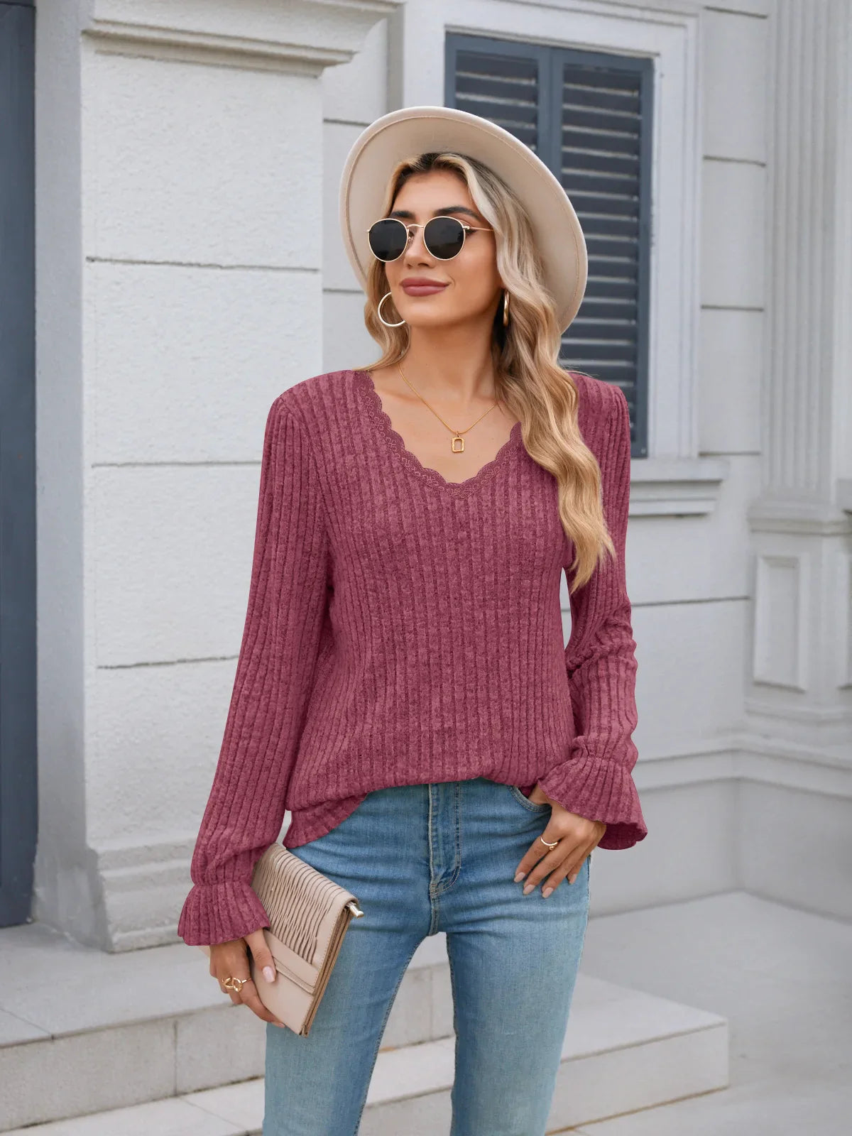 Women's Long Sleeve Textured Shirt Autumn Round Neck Casual Fashion Knitted Top