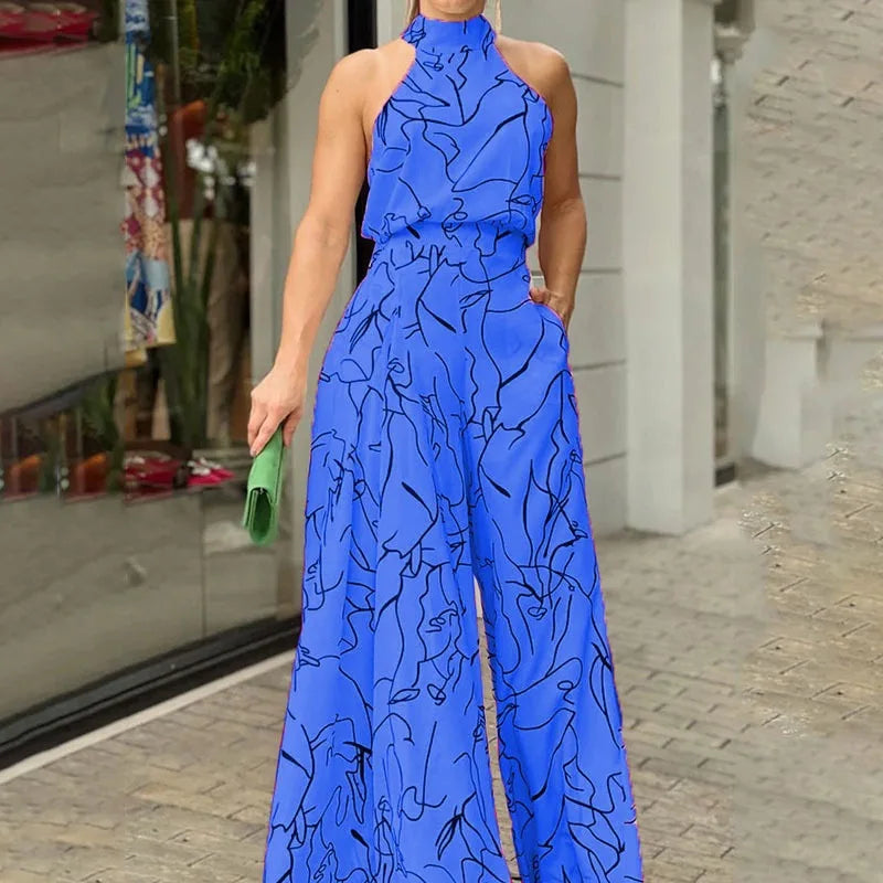 Sexy Playsuit Women Jumpsuits Sleeveless Halter Neck Striped Tie Wide Leg Causal Summer Flowy Loose Printed Rompers