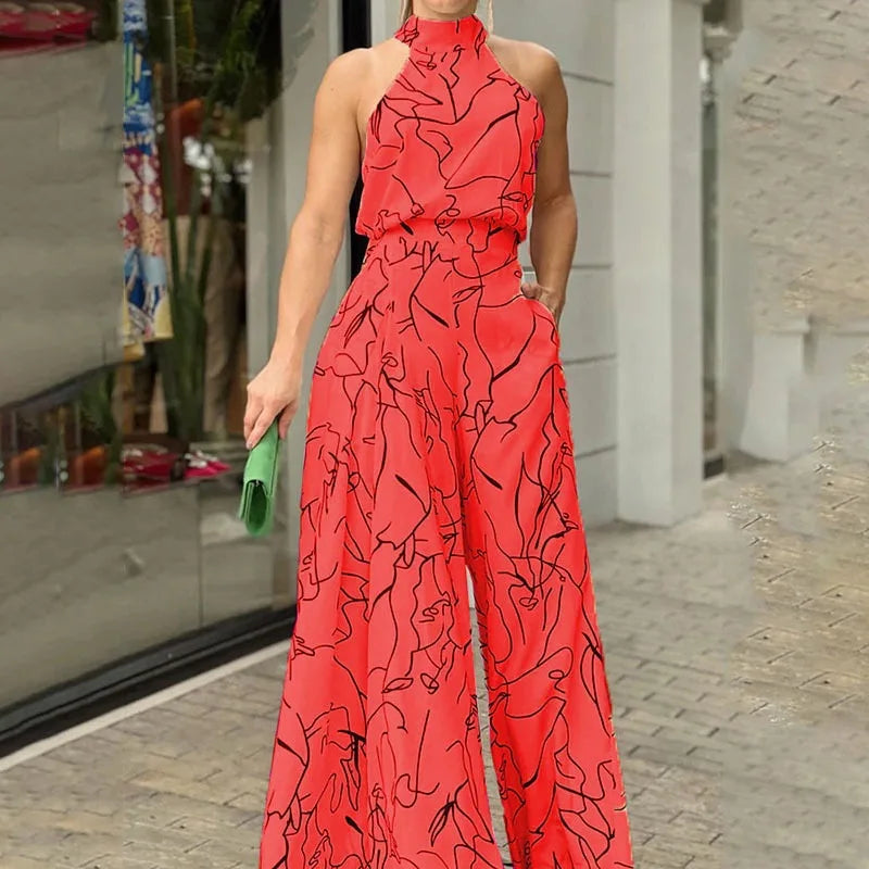 Sexy Playsuit Women Jumpsuits Sleeveless Halter Neck Striped Tie Wide Leg Causal Summer Flowy Loose Printed Rompers