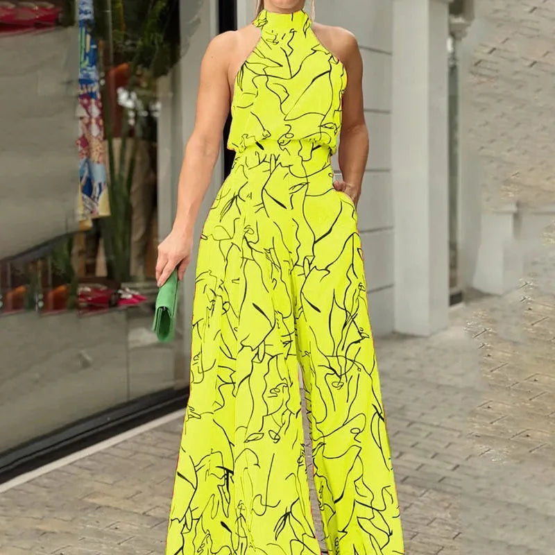 Sexy Playsuit Women Jumpsuits Sleeveless Halter Neck Striped Tie Wide Leg Causal Summer Flowy Loose Printed Rompers