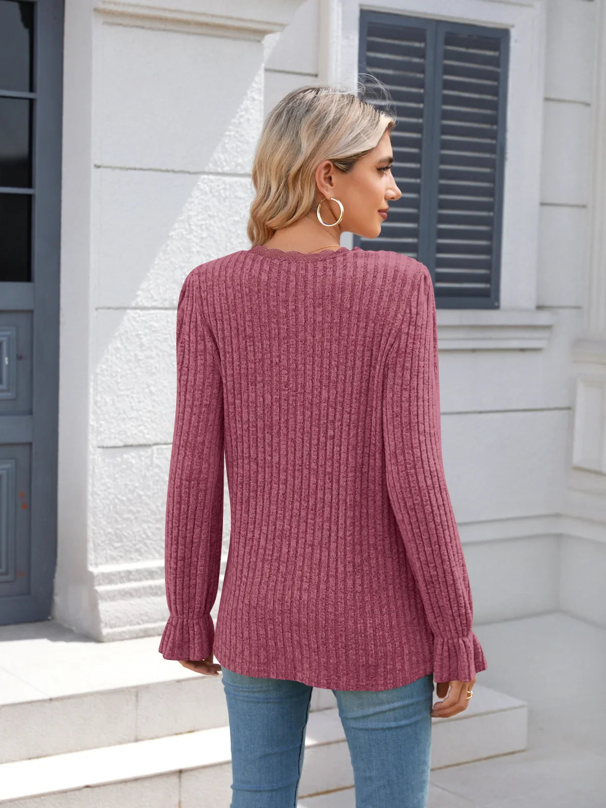 Women's Long Sleeve Textured Shirt Autumn Round Neck Casual Fashion Knitted Top