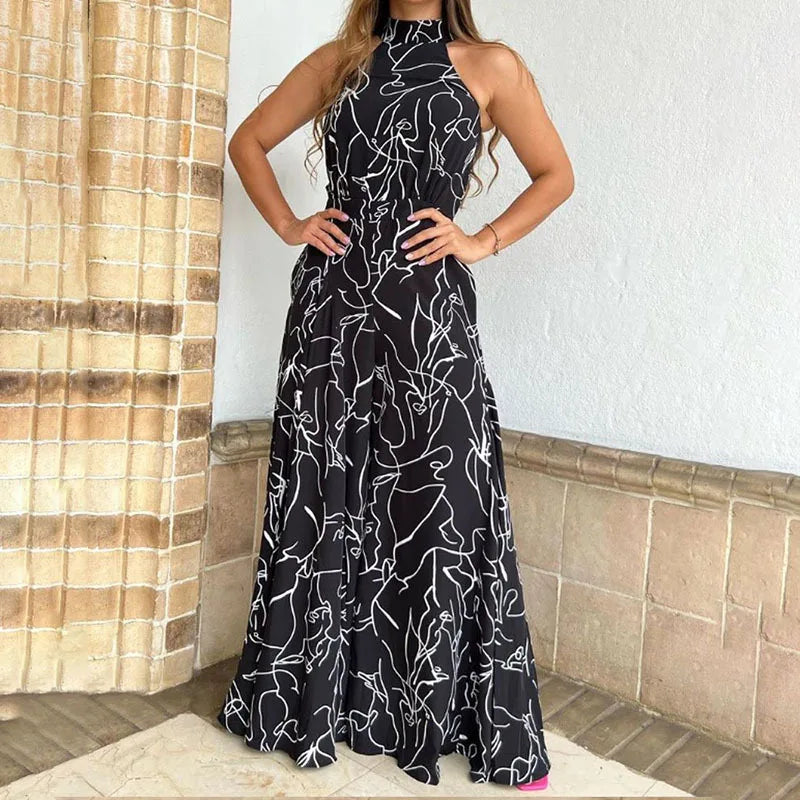 Sexy Playsuit Women Jumpsuits Sleeveless Halter Neck Striped Tie Wide Leg Causal Summer Flowy Loose Printed Rompers
