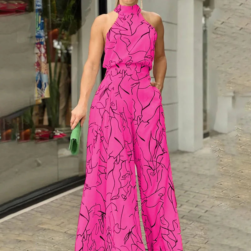 Sexy Playsuit Women Jumpsuits Sleeveless Halter Neck Striped Tie Wide Leg Causal Summer Flowy Loose Printed Rompers