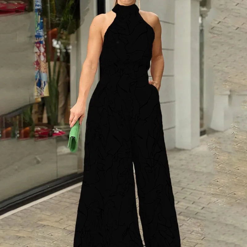 Sexy Playsuit Women Jumpsuits Sleeveless Halter Neck Striped Tie Wide Leg Causal Summer Flowy Loose Printed Rompers
