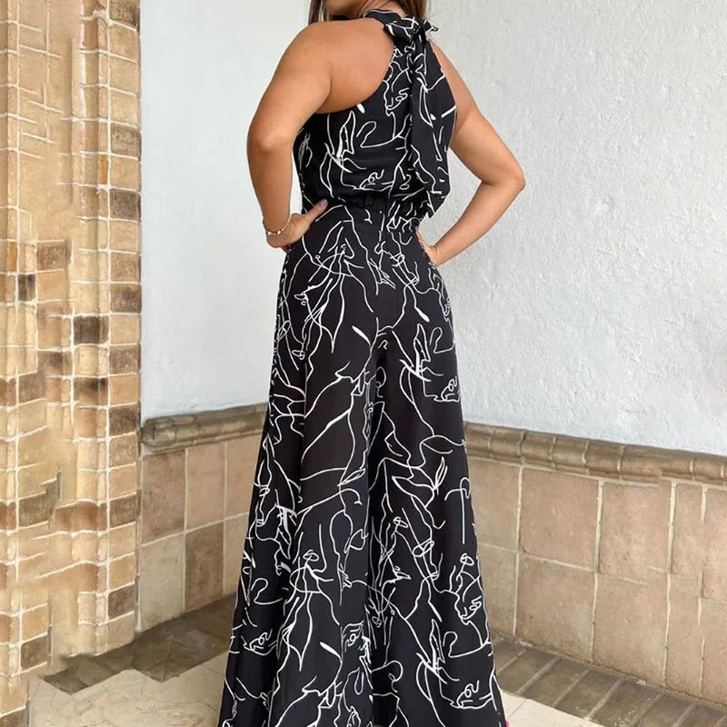 Sexy Playsuit Women Jumpsuits Sleeveless Halter Neck Striped Tie Wide Leg Causal Summer Flowy Loose Printed Rompers