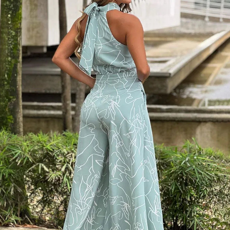 Sexy Playsuit Women Jumpsuits Sleeveless Halter Neck Striped Tie Wide Leg Causal Summer Flowy Loose Printed Rompers