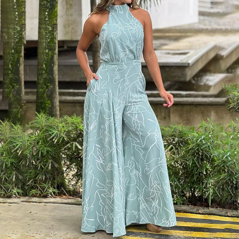 Sexy Playsuit Women Jumpsuits Sleeveless Halter Neck Striped Tie Wide Leg Causal Summer Flowy Loose Printed Rompers