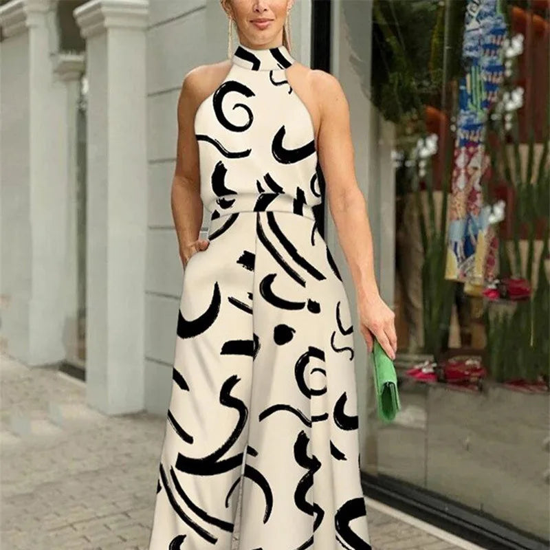 Sexy Playsuit Women Jumpsuits Sleeveless Halter Neck Striped Tie Wide Leg Causal Summer Flowy Loose Printed Rompers