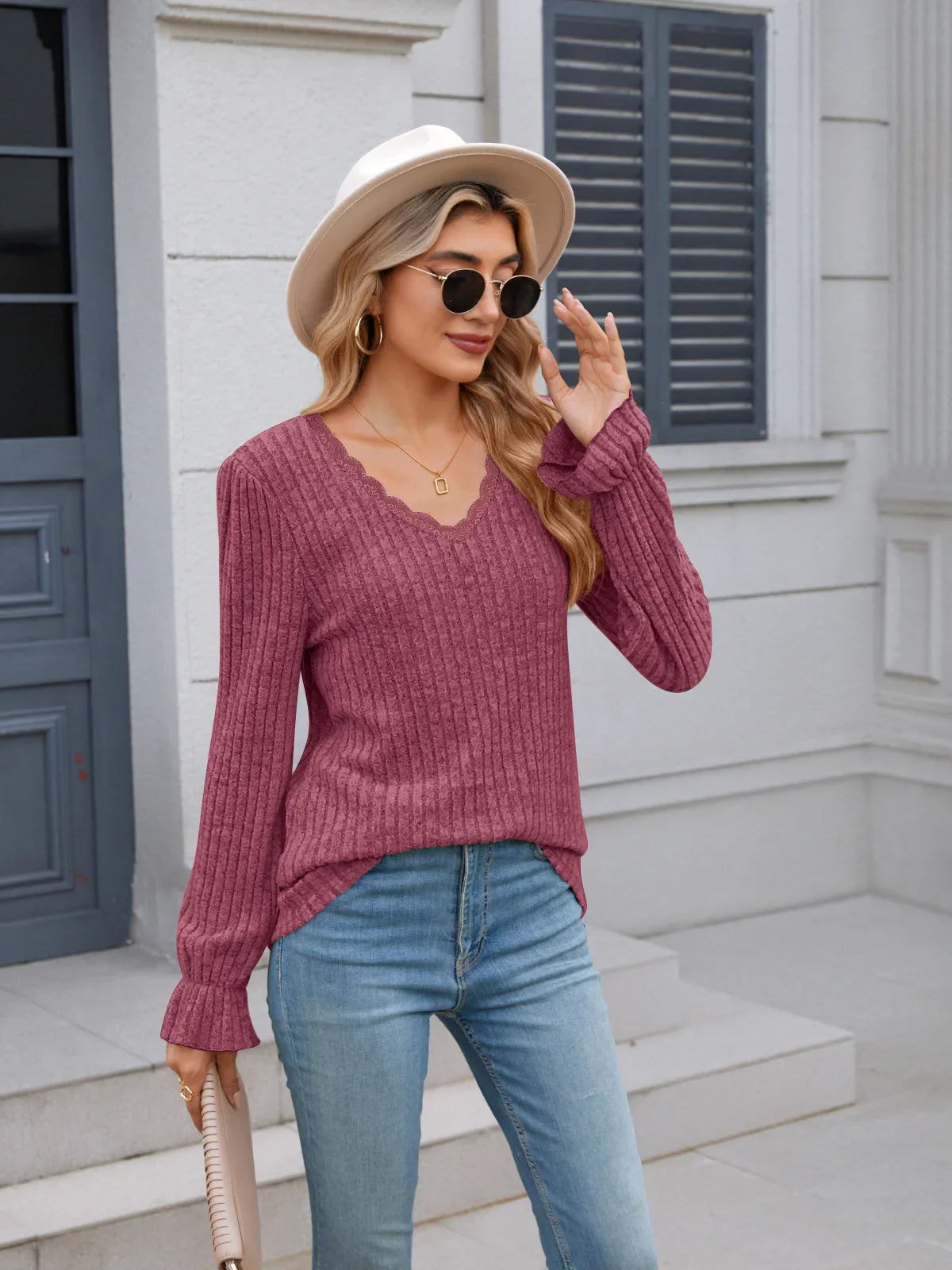 Women's Long Sleeve Textured Shirt Autumn Round Neck Casual Fashion Knitted Top
